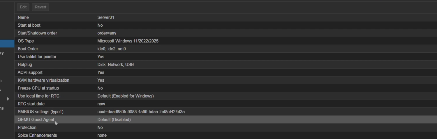 Proxmox VM Options tab with the QEMU Guest Agent row highlighted showing Default (Disabled)